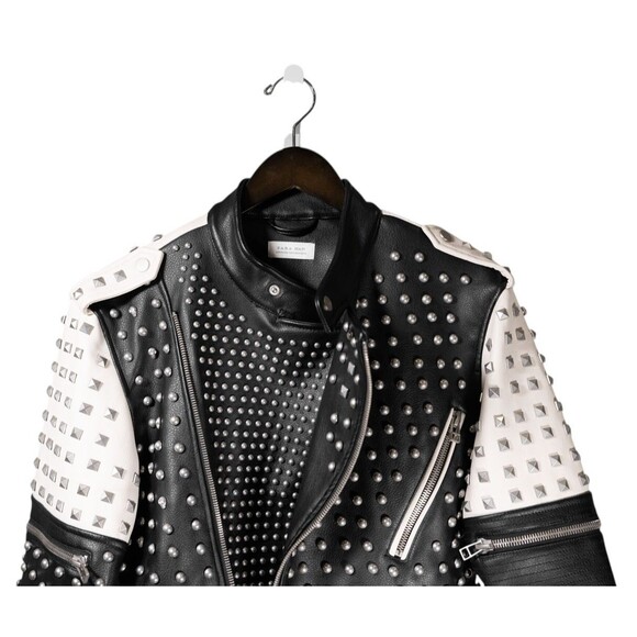 Zara Man Mens Jacket Small Black Faux Leather Studded Motorcycle Biker Bomber - Picture 5 of 11